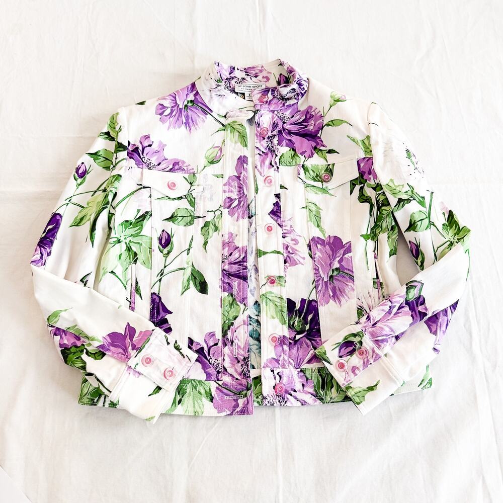 St. John Sport Flower Printed Denim Jacket Coat Size Small